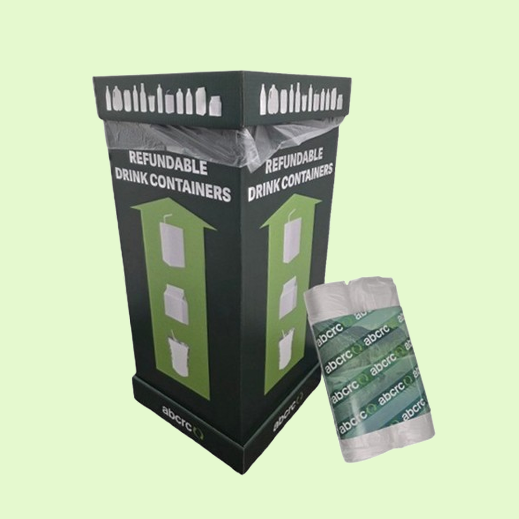 Refundable drink container bin with a green background